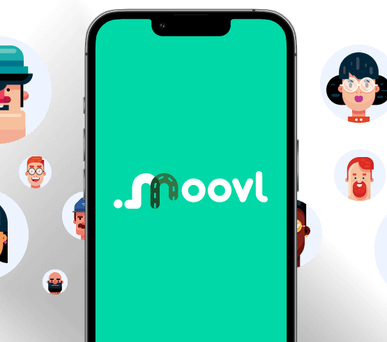 Members of the Moovl community with a phone showing the Moovl app