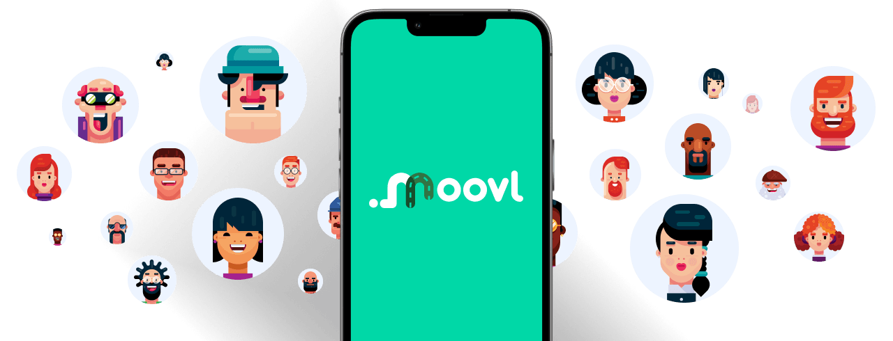 Members of the Moovl community with a phone showing the Moovl app