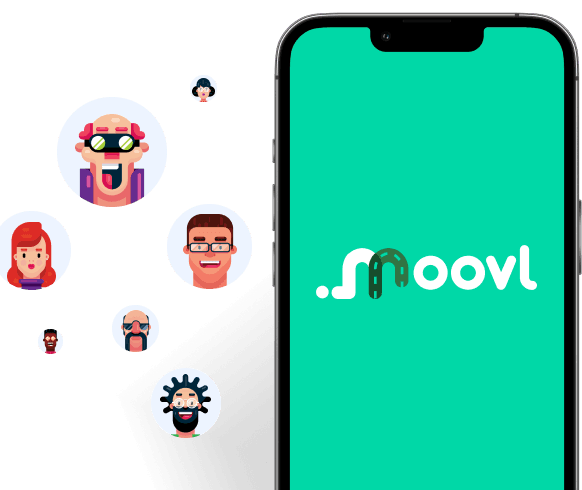 Members of the Moovl community with a phone showing the Moovl app