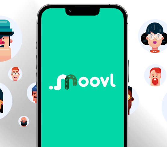 Members of the Moovl community with a phone showing the Moovl app