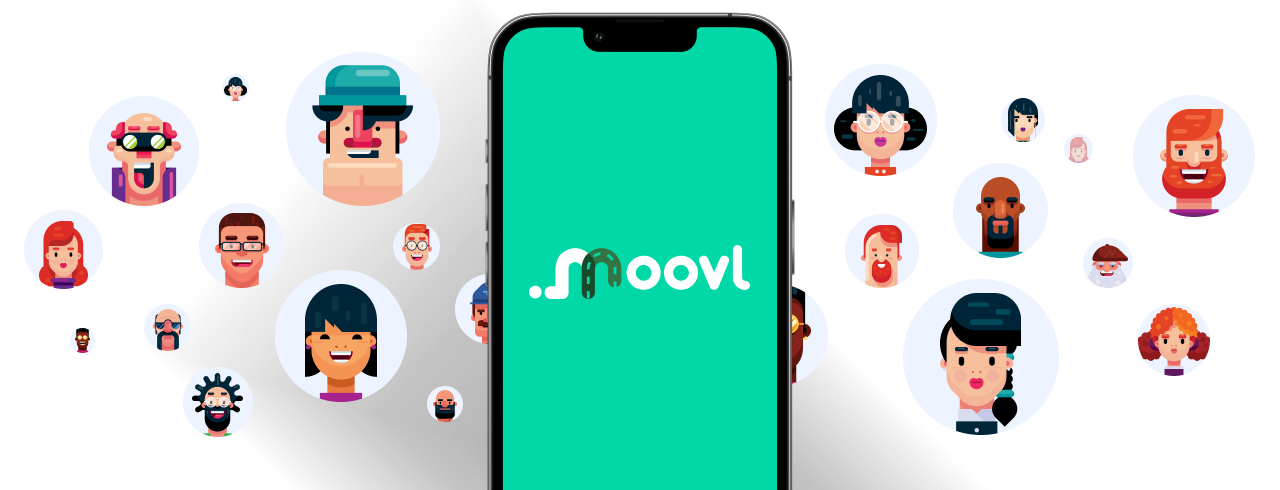 Members of the Moovl community with a phone showing the Moovl app